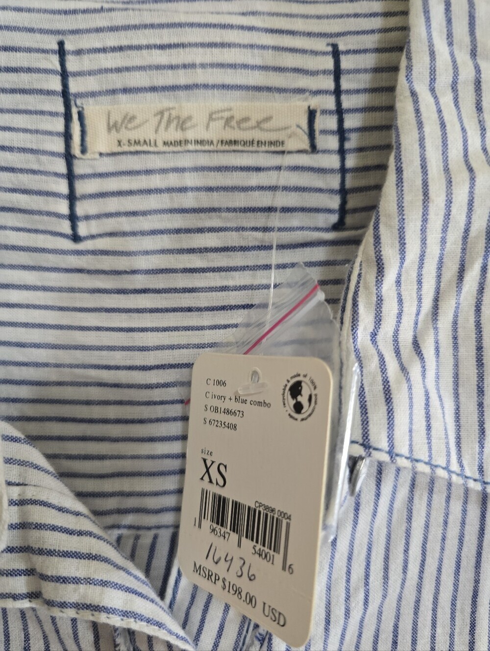 NWT Free People Maldives Stripes Top Ivory & Blue Combo XS Oversized Lace Insets - Picture 4 of 9
